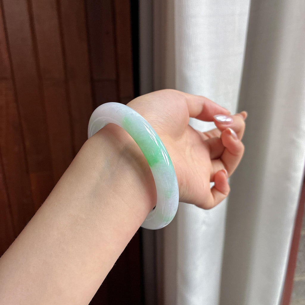 糯冰带色圆条手镯 56圈 天然缅甸A货翡翠（yc522309）