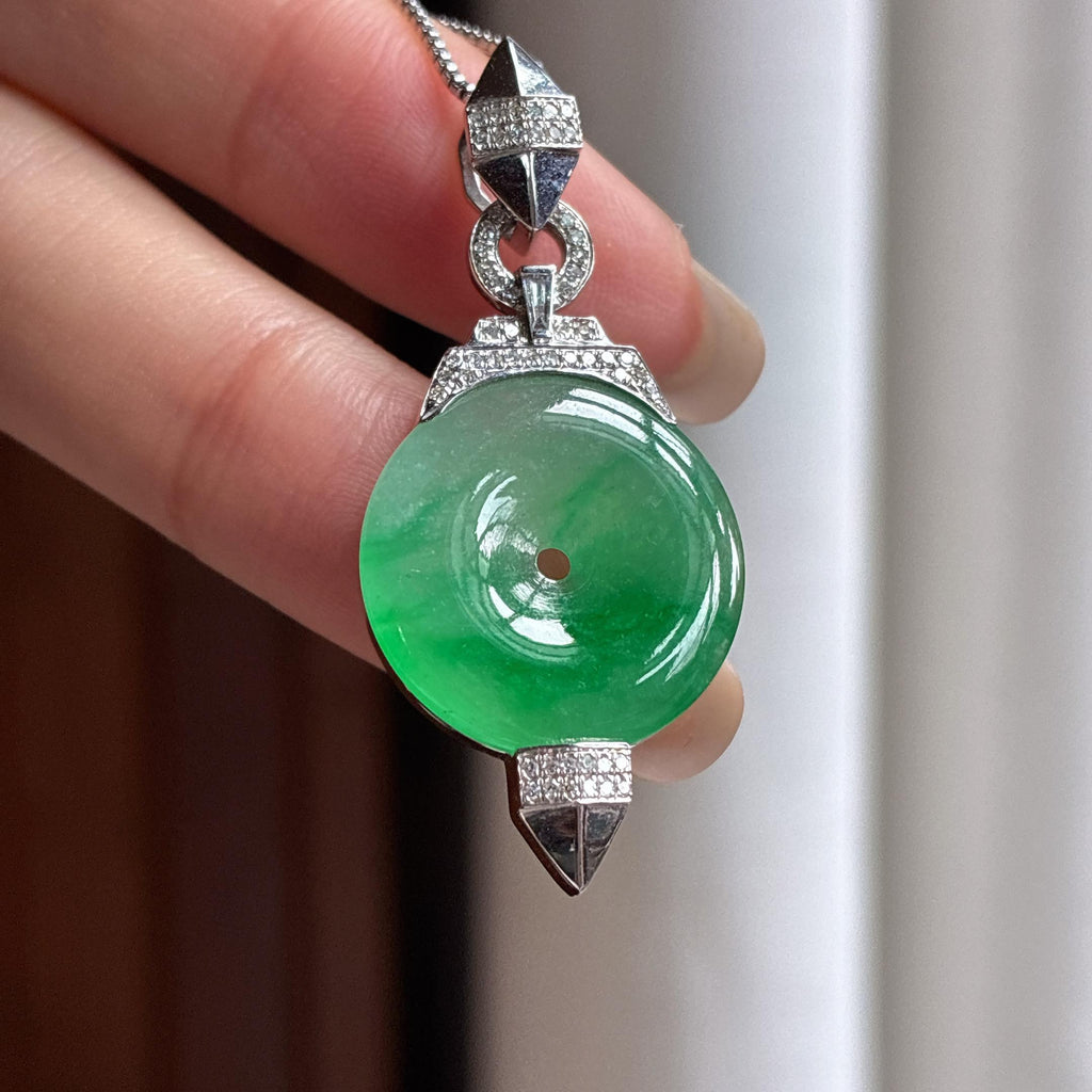Mặt dây chuyền ngọc bích Myanmar tự nhiên loại A, khảm vàng 18k, màu xanh lục đầy đặn, bề mặt băng chủng (yc450416)