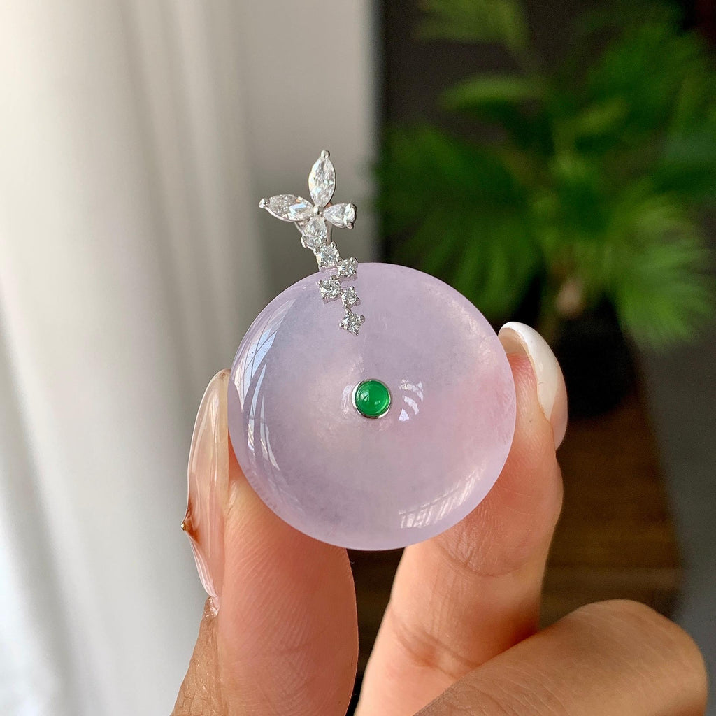 18K金钻镶糯冰种淡粉底平安扣吊坠（yc248216）