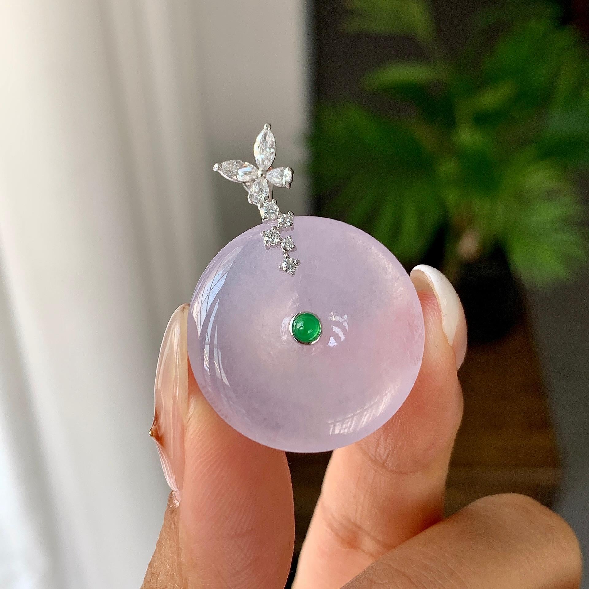 18K金钻镶糯冰种淡粉底平安扣吊坠（yc248216）