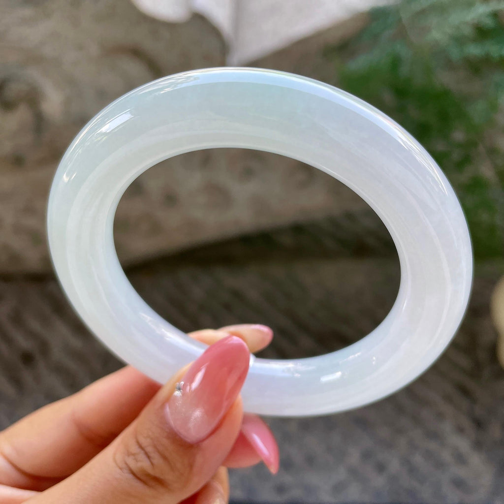 胖圆条      糯冰种飘翠绿圆条手镯56.5圈      天然缅甸A货翡翠（yc431597）