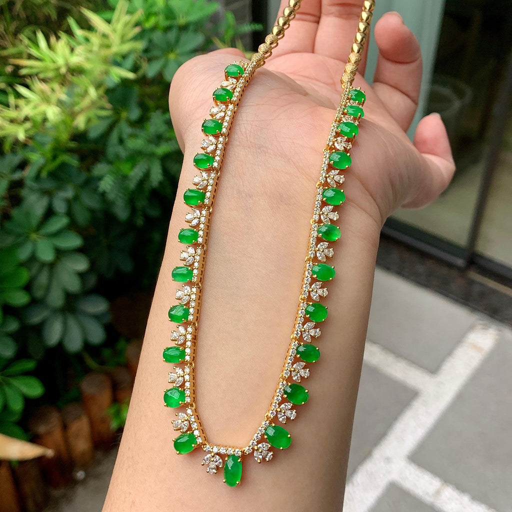 18K金钻镶糯冰种满绿蛋面套链（yc261128）