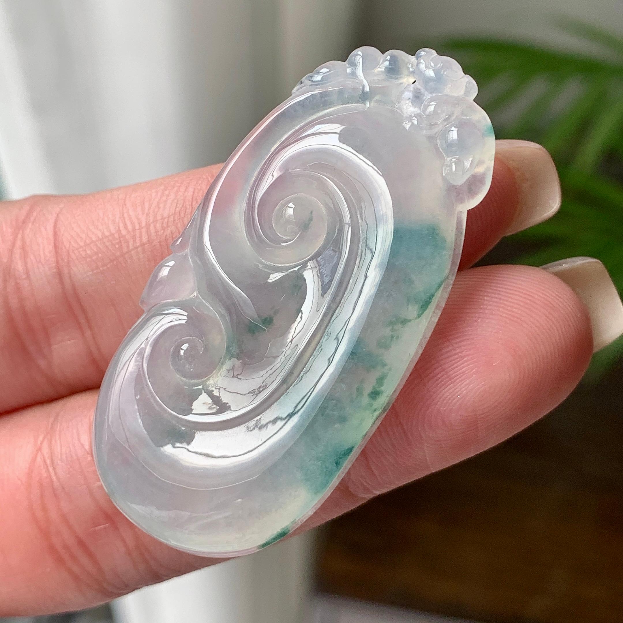 糯冰种飘蓝花如意吊坠  天然缅甸A货翡翠（yc426681）