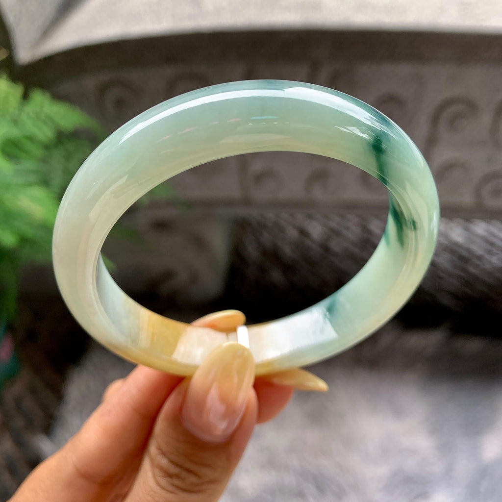 细糯种黄翡飘花正圈平安镯55圈 天然缅甸A货翡翠（yc481904）