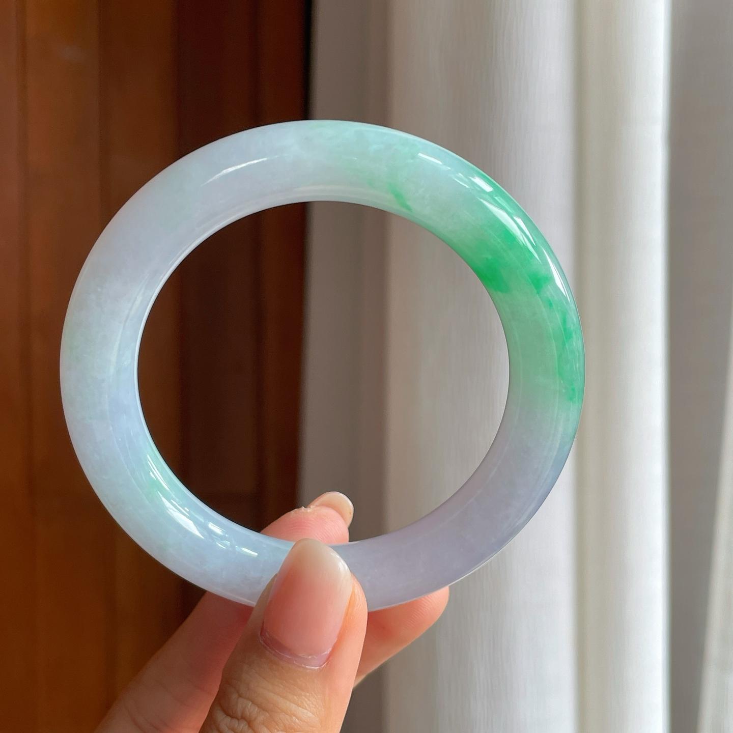 糯冰白底青翡翠圆条手镯（57mm)（yc397582）