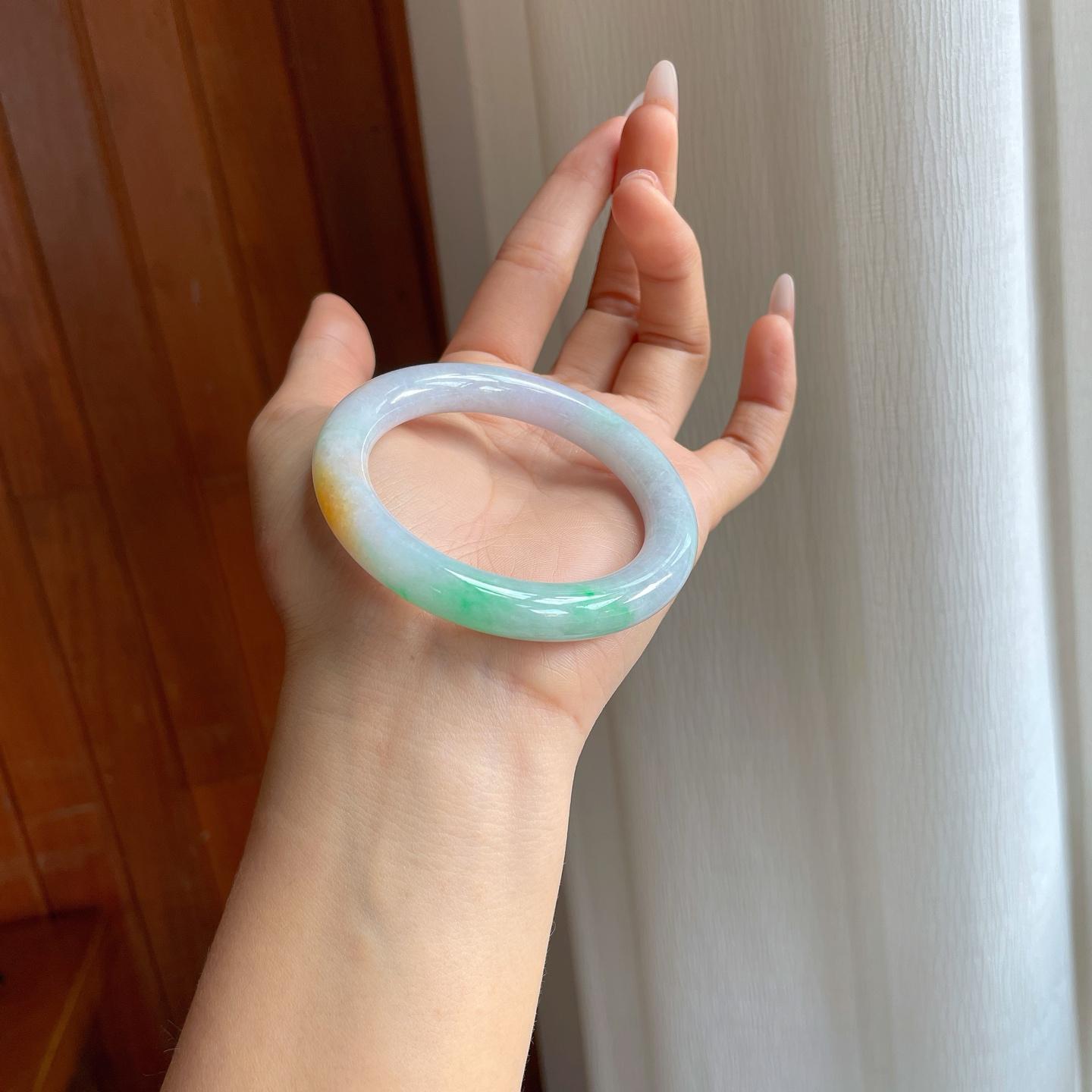 糯冰黄加绿翡翠圆条手镯（53.2mm）（yc310619）