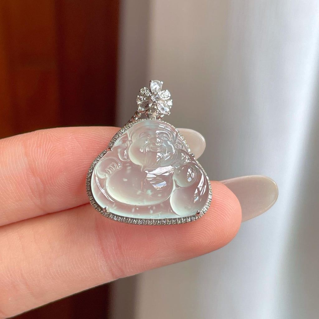 18k金钻镶冰玻种雪花棉翡翠佛公（yc269040）