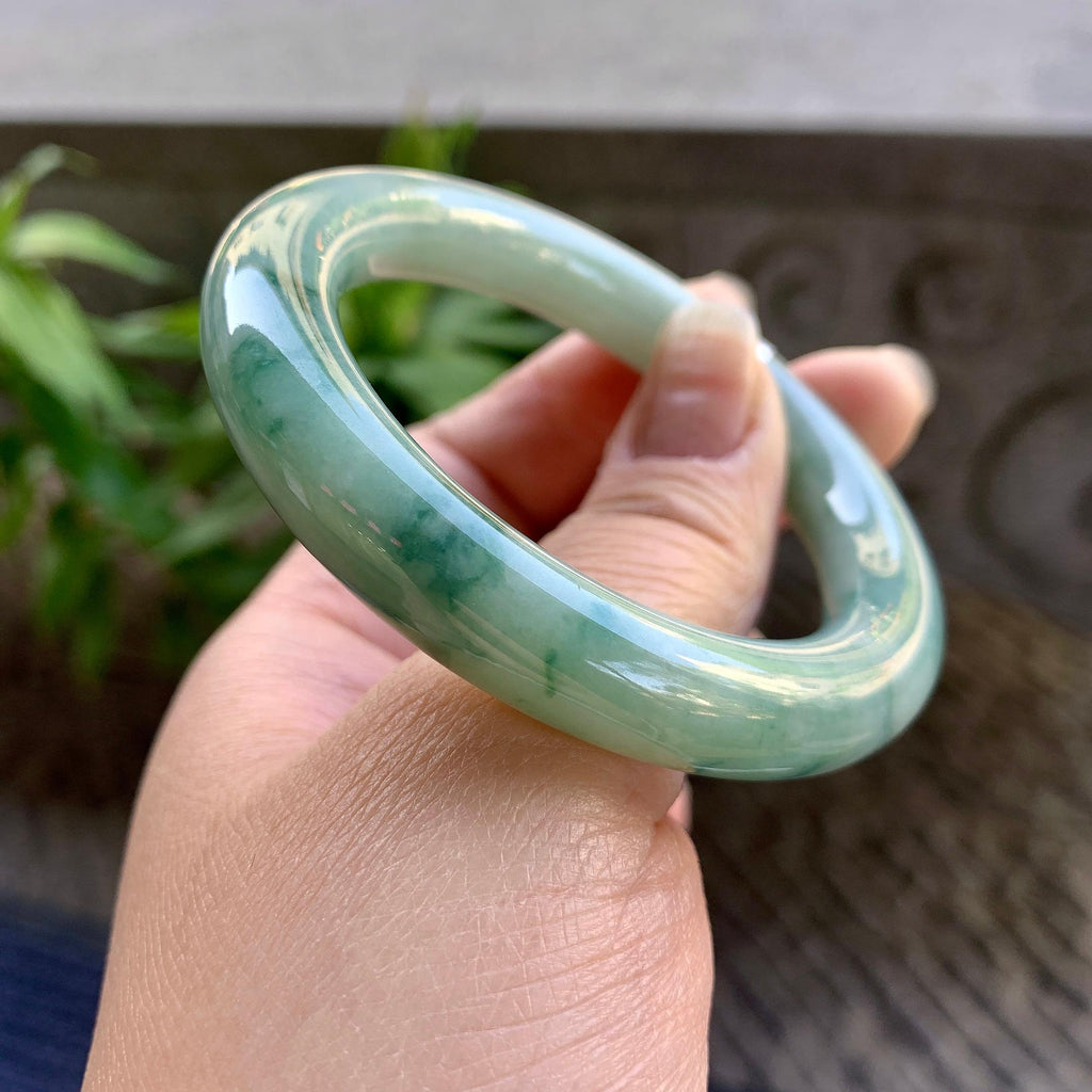 小圈口 细糯种飘绿花圆条手镯51.6圈口 天然缅甸A货翡翠（yc330333）
