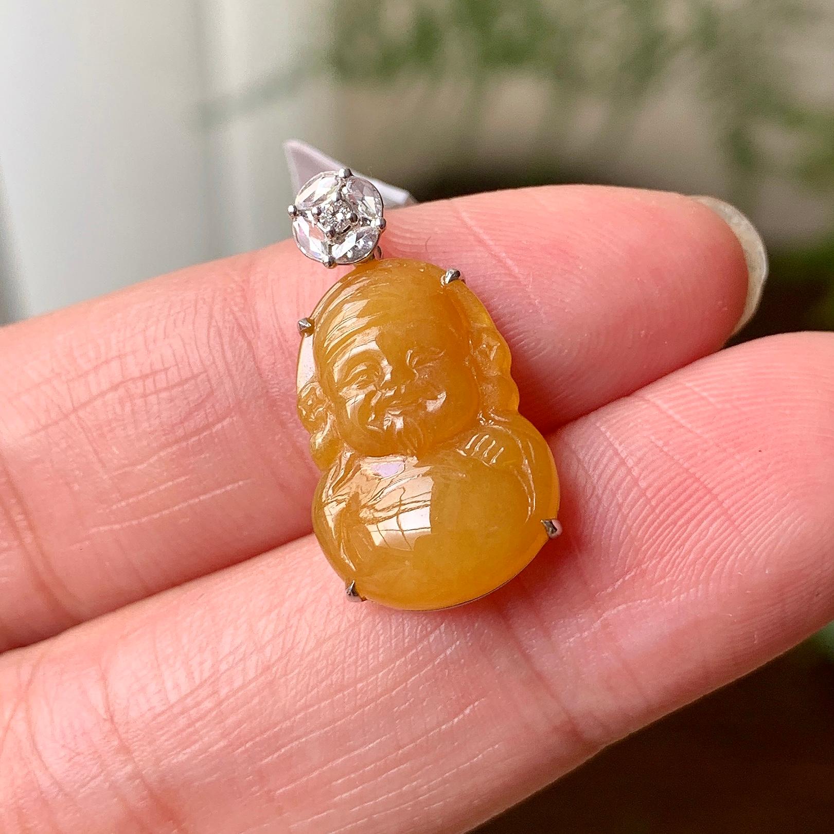 18K金钻镶细糯种黄翡财神吊坠 天然缅甸A货翡翠（yc325575）