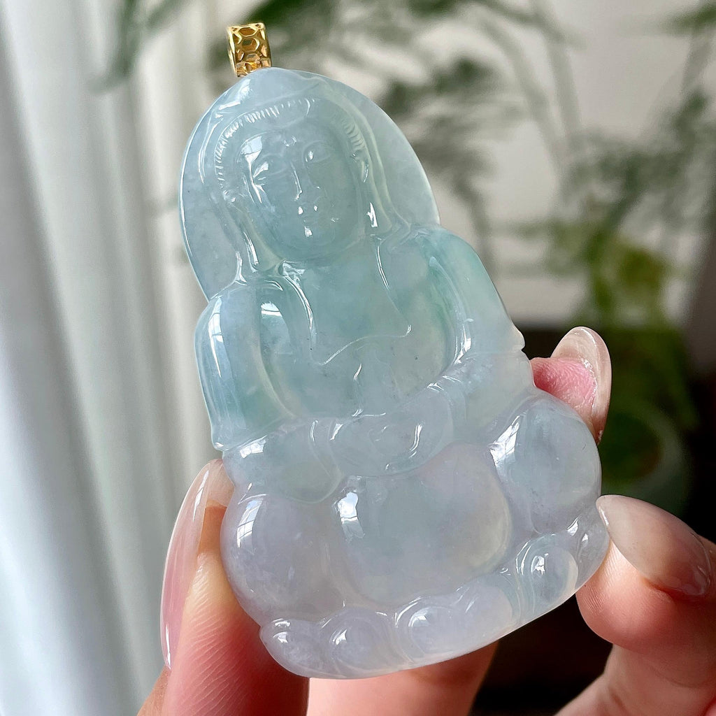18k金镶细糯种蓝底观音挂件    天然缅甸A货翡翠（yc333357）
