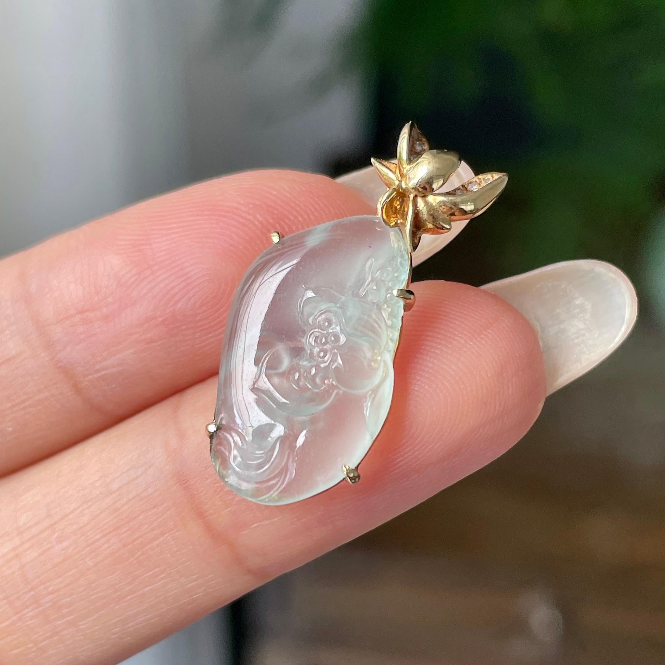 18k金镶冰种无色荷花吊坠    天然缅甸A货翡翠（yc355295）