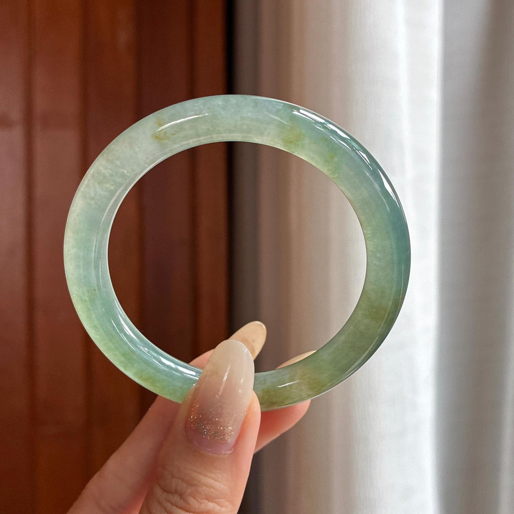 小圈口 冰种湖水绿带洒金圆条手镯53圈 天然缅甸A货翡翠（yc508214）