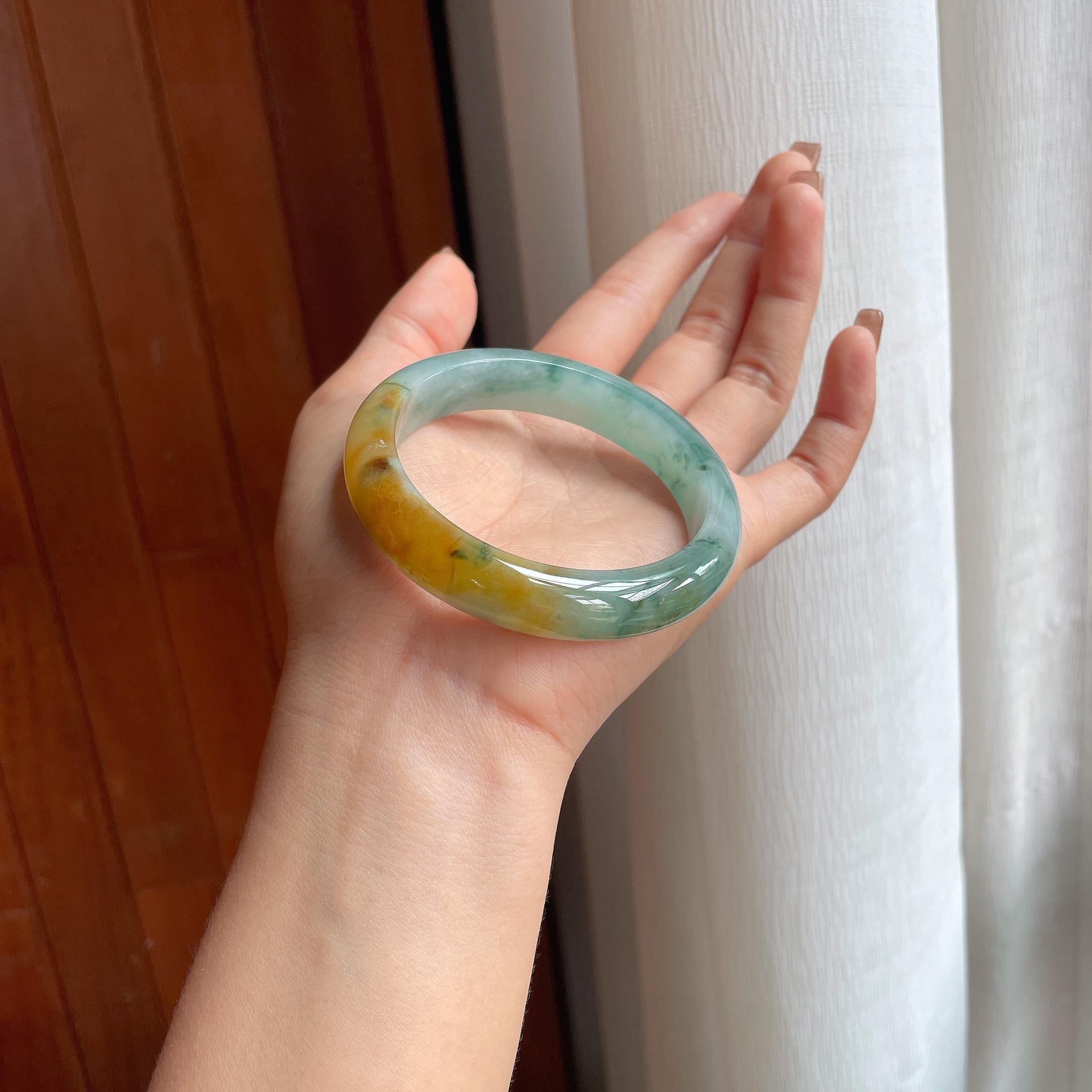 糯冰黄翡飘花特色翡翠平安镯（58mm）（yc363435）