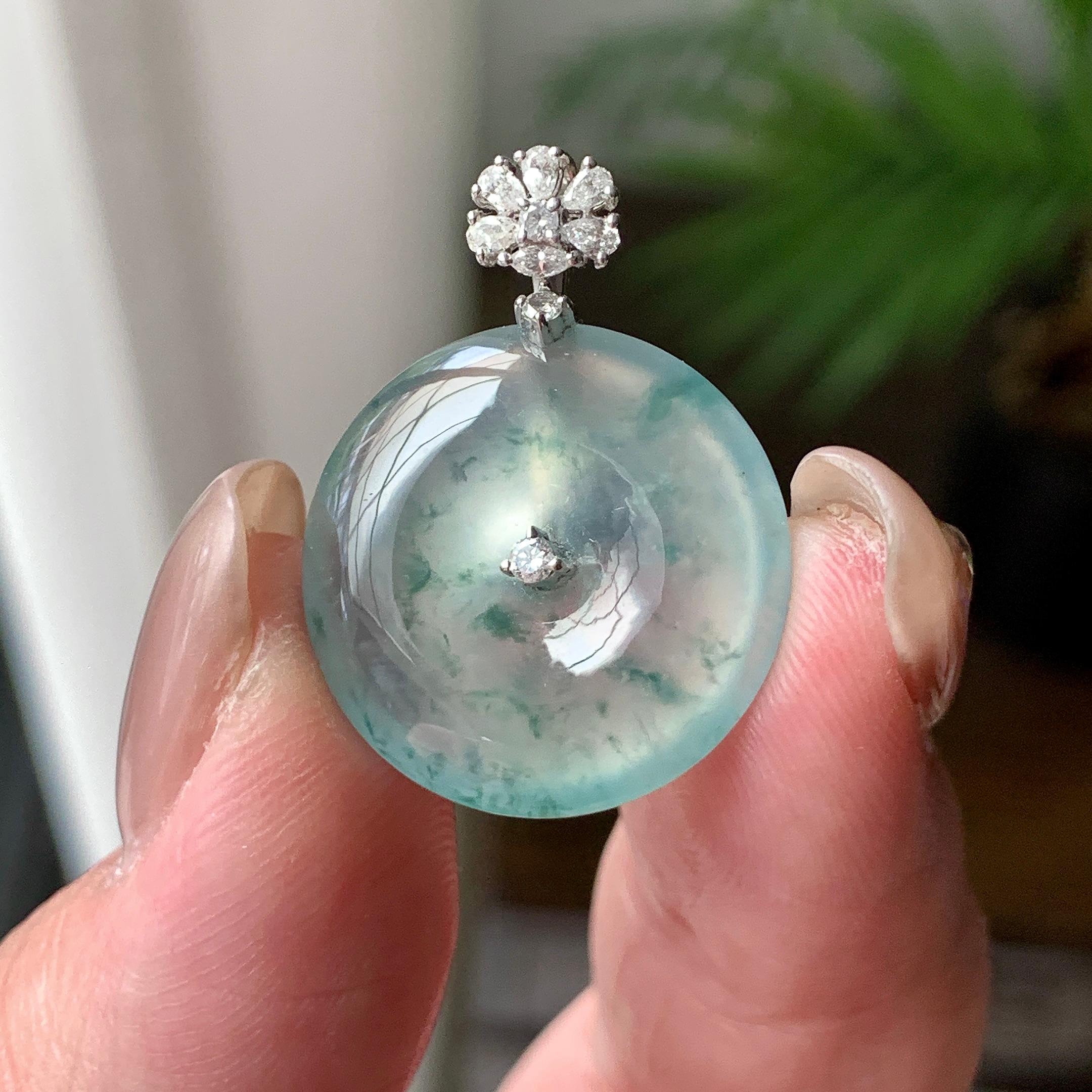 18K金钻镶冰种飘蓝花平安扣吊坠  天然缅甸A货翡翠（yc430737）