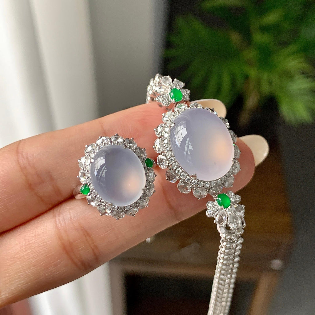 18K金钻镶冰种紫罗兰蛋面手链/吊坠/戒指（两件套）（yc252246）