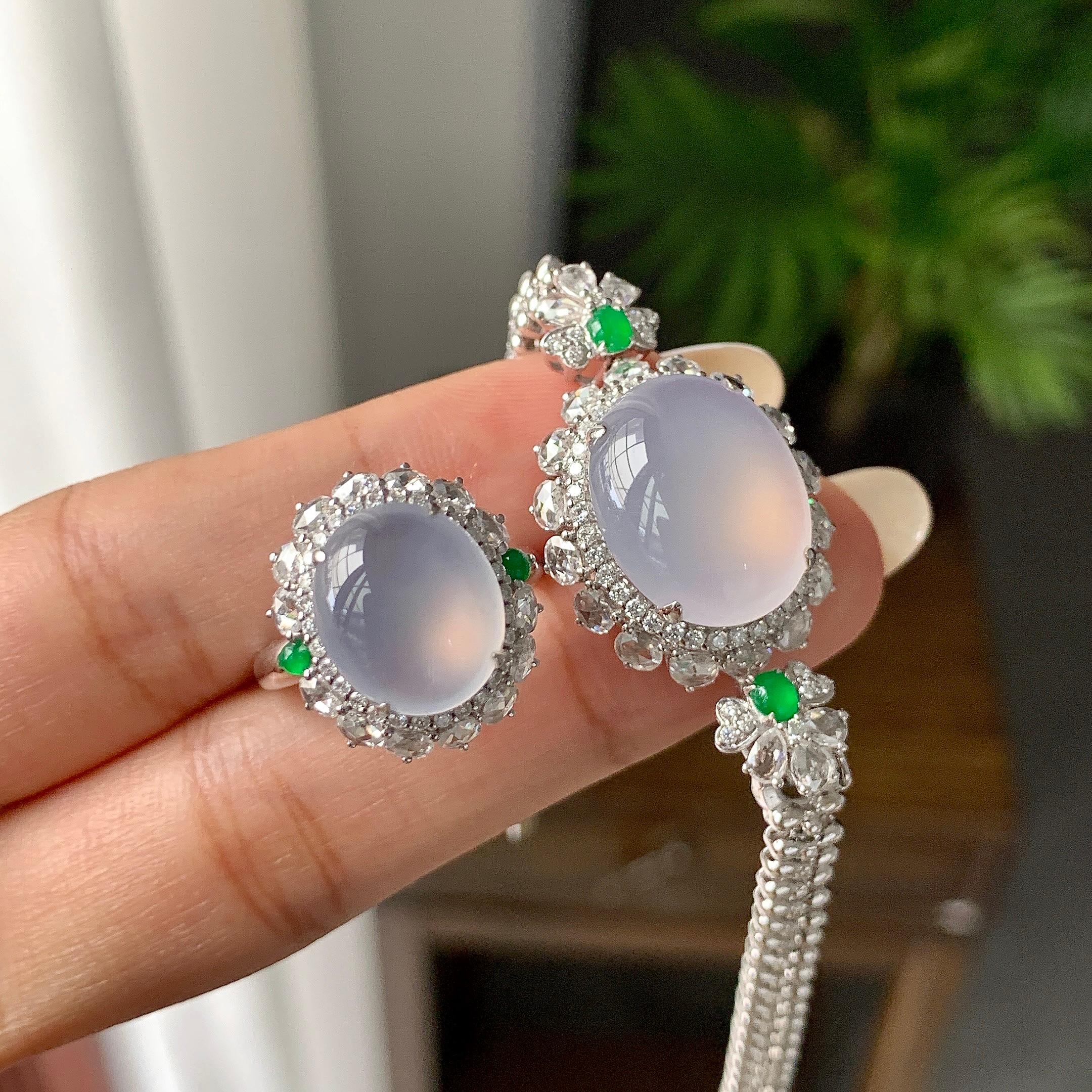 18K金钻镶冰种紫罗兰蛋面手链/吊坠/戒指（两件套）（yc252246）