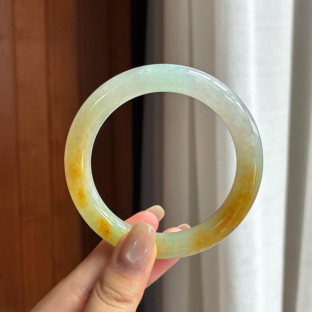 Vòng tay tròn ngọc phỉ thúy màu vàng băng như nếp đặc sắc, size 56, ngọc phỉ thúy tự nhiên loại A Myanmar (yc450850)