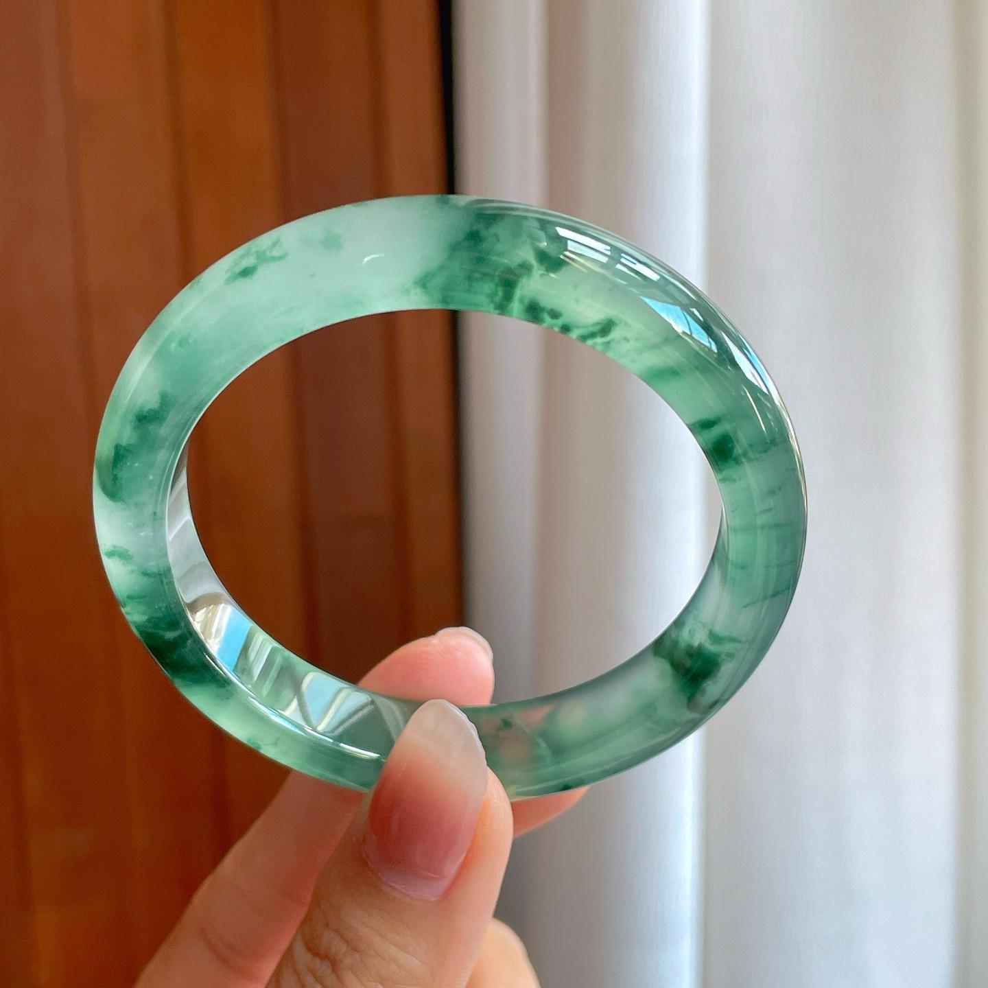 冰玻种飘花翡翠平安镯（56mm）（yc318593）