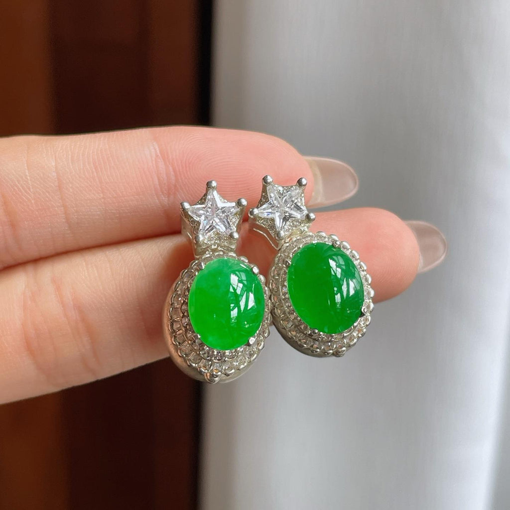 铜托糯冰满绿翡翠蛋面耳饰（yc246170）