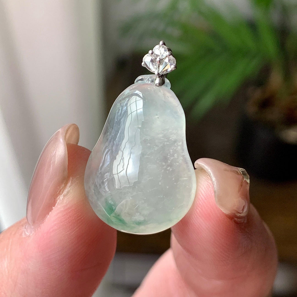 18K金钻镶糯冰种飘绿花福瓜吊坠  天然缅甸A货翡翠（yc430681）