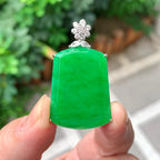 18K金钻镶糯冰种满绿无事牌吊坠（yc261126）