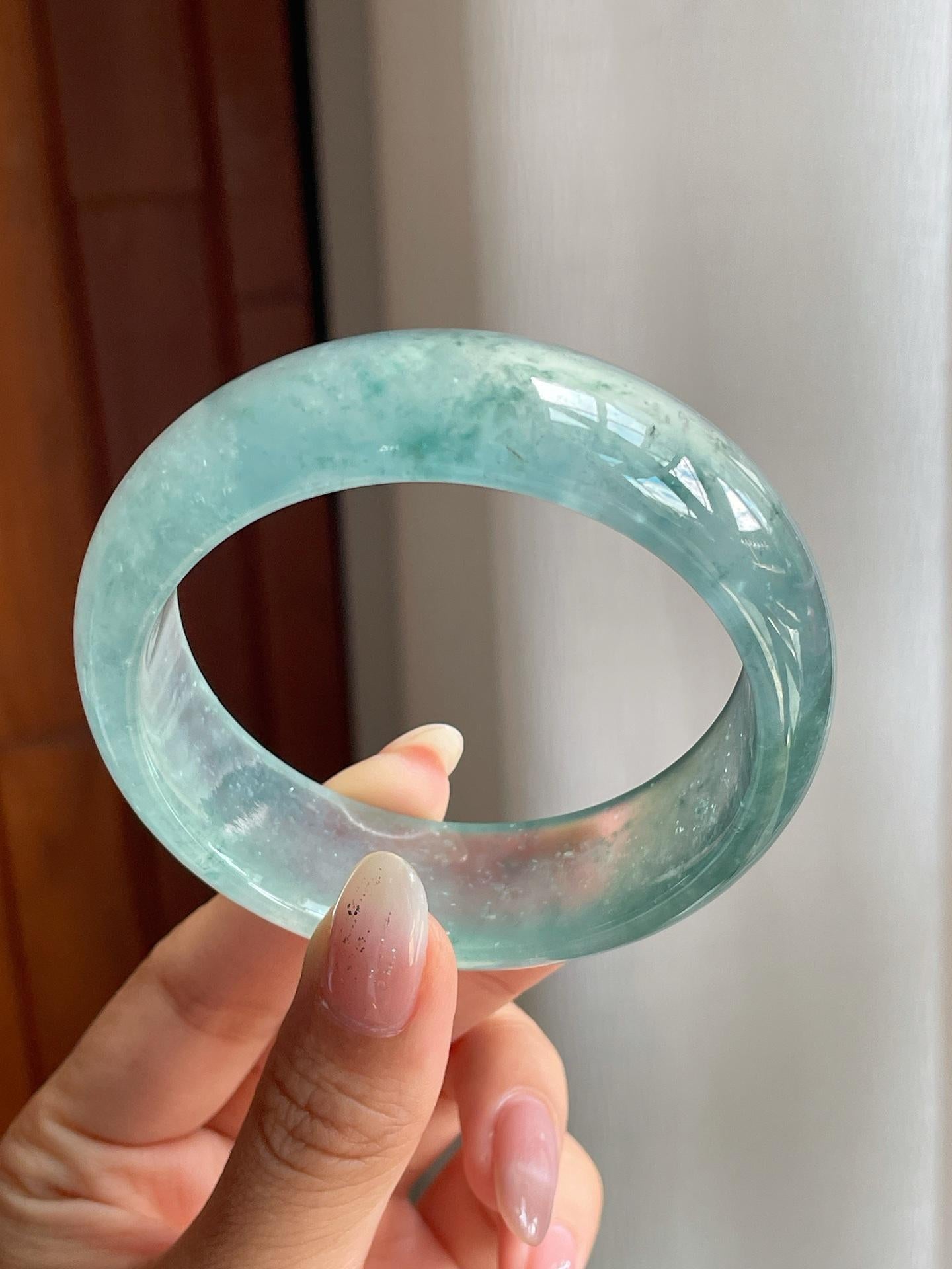 冰玻种飘花翡翠宽版平安镯（57mm）