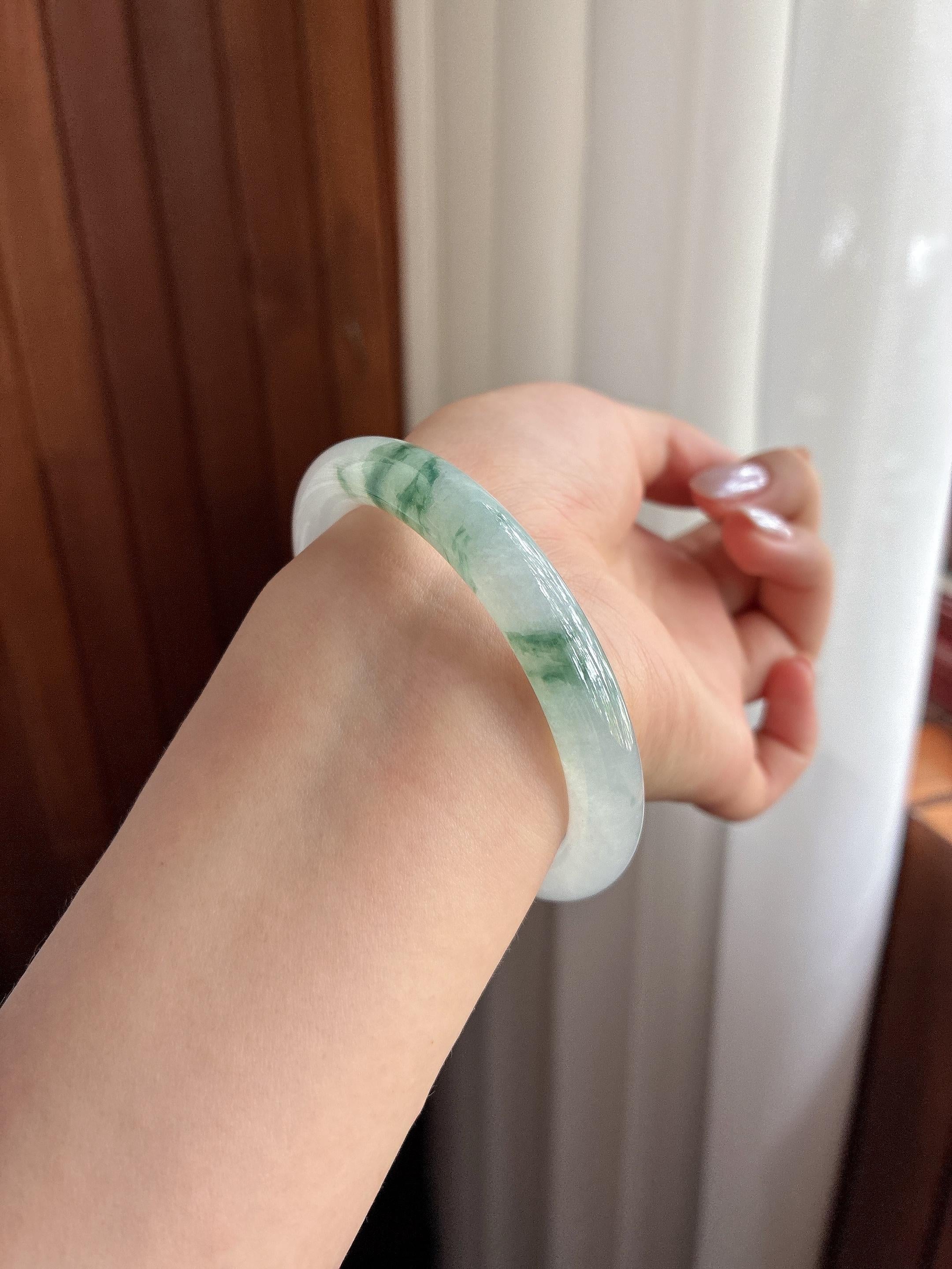 糯冰飘花圆条手镯 54圈 天然缅甸A货翡翠（yc495478）