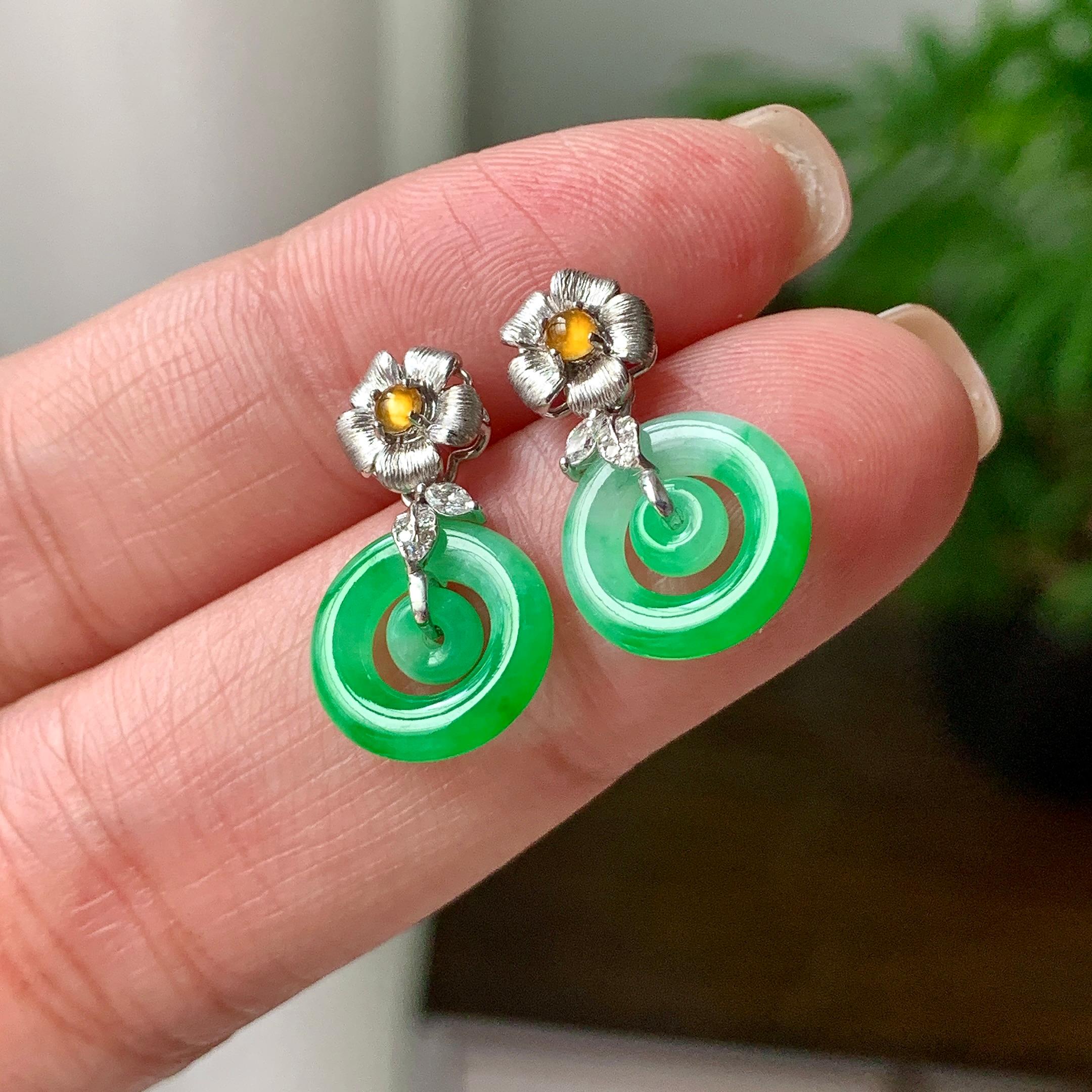 18K金钻镶糯冰种飘阳绿平安扣耳坠  天然缅甸A货翡翠（yc362082）