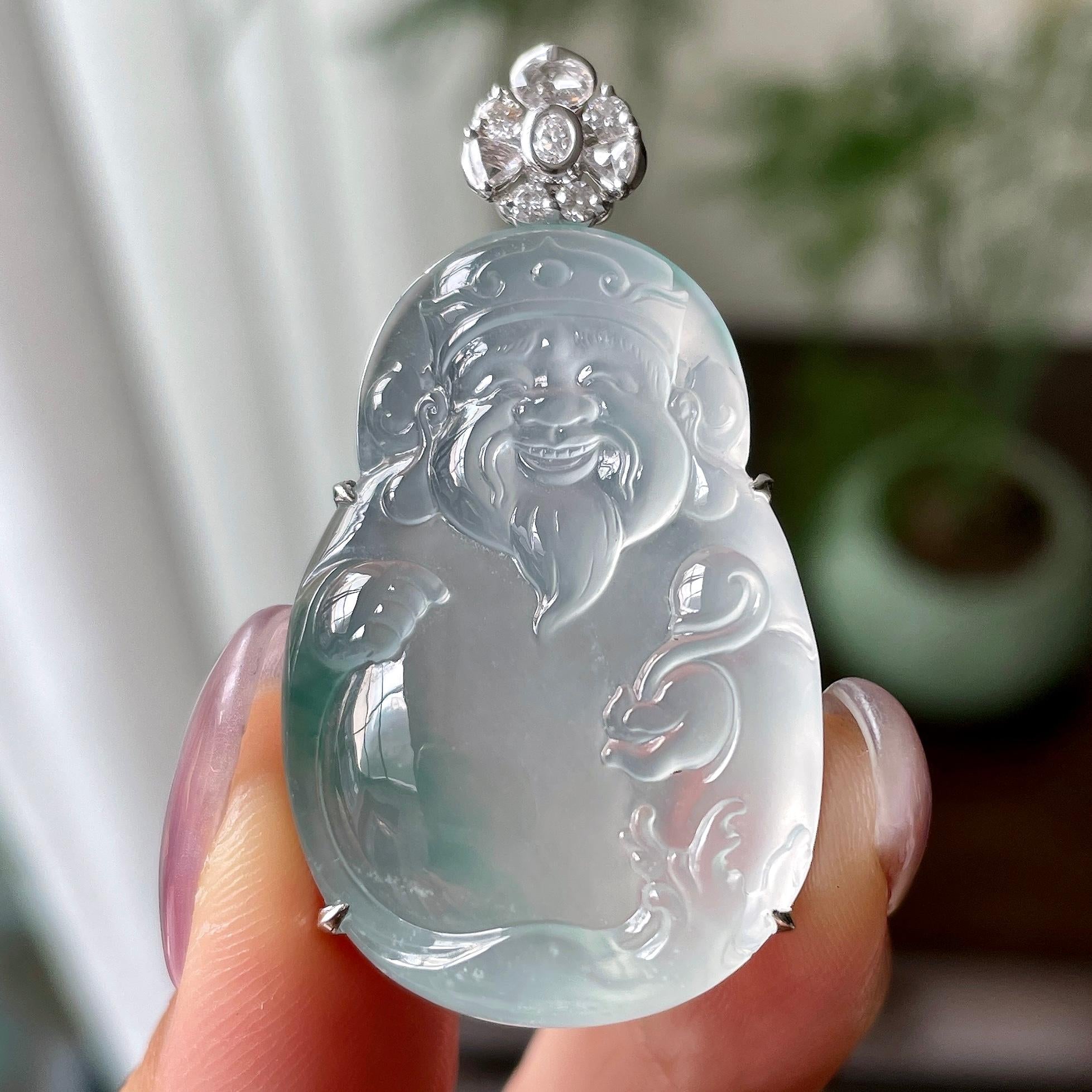 18k金钻镶冰种飘蓝花财神吊坠   天然缅甸A货翡翠（yc321389）