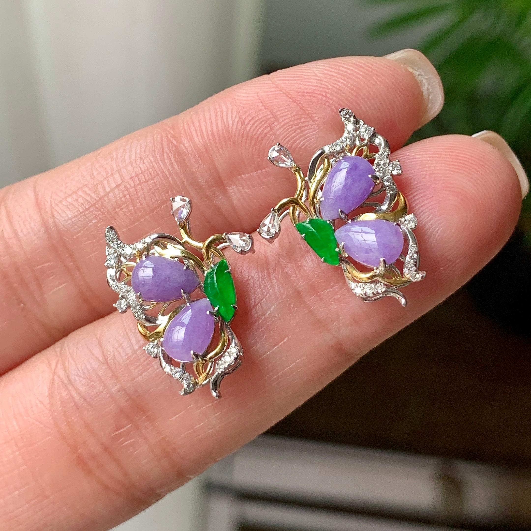 18K金钻镶细糯种紫罗兰随型耳钉  天然缅甸A货翡翠（yc362080）