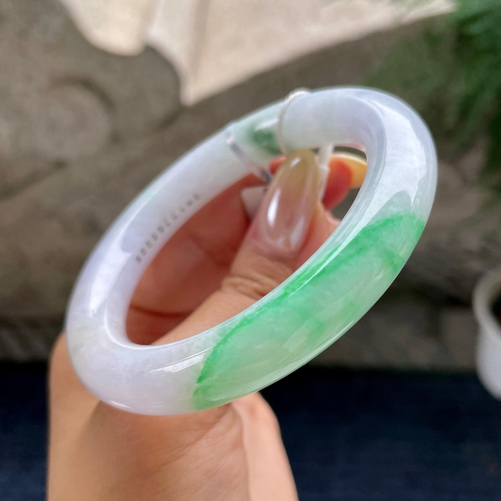 细糯种淡紫底飘翠绿圆条手镯56.2圈 天然缅甸A货翡翠（yc460683）