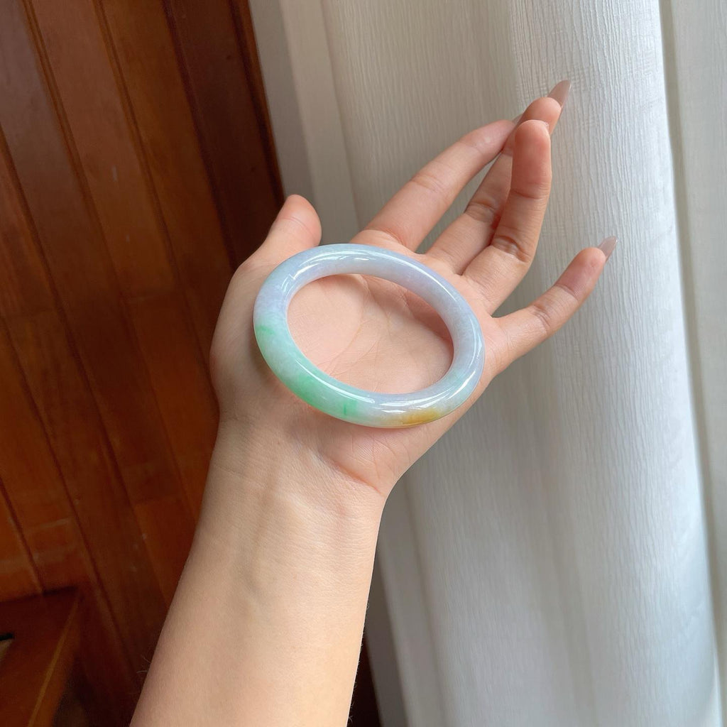 糯冰黄加绿翡翠圆条手镯（53.2mm）（yc310619）