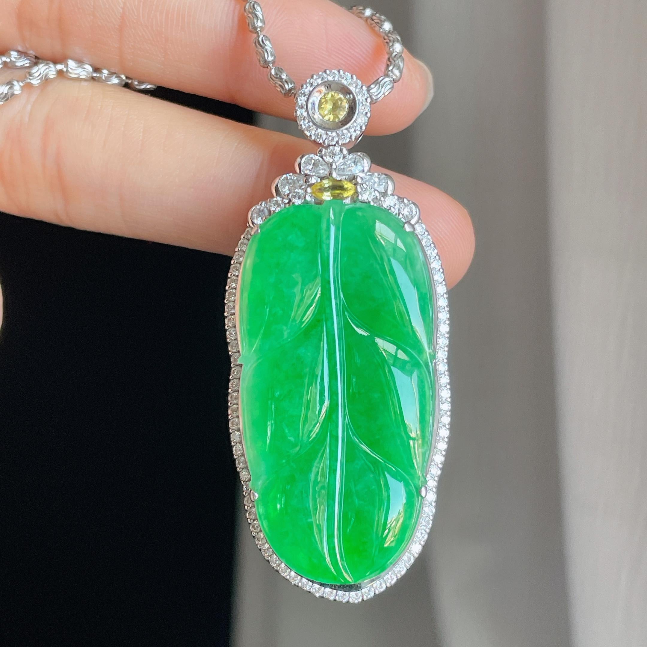 18k 金钻镶糯冰带色翡翠叶子（yc318560）