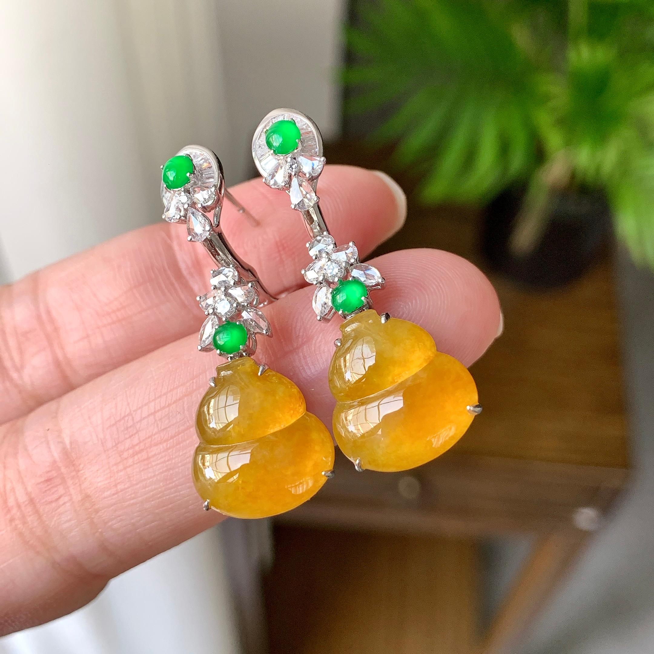 18K金钻镶糯冰种黄翡葫芦耳坠（yc248199）