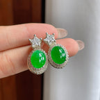 铜托糯冰满绿翡翠蛋面耳饰（yc246170）