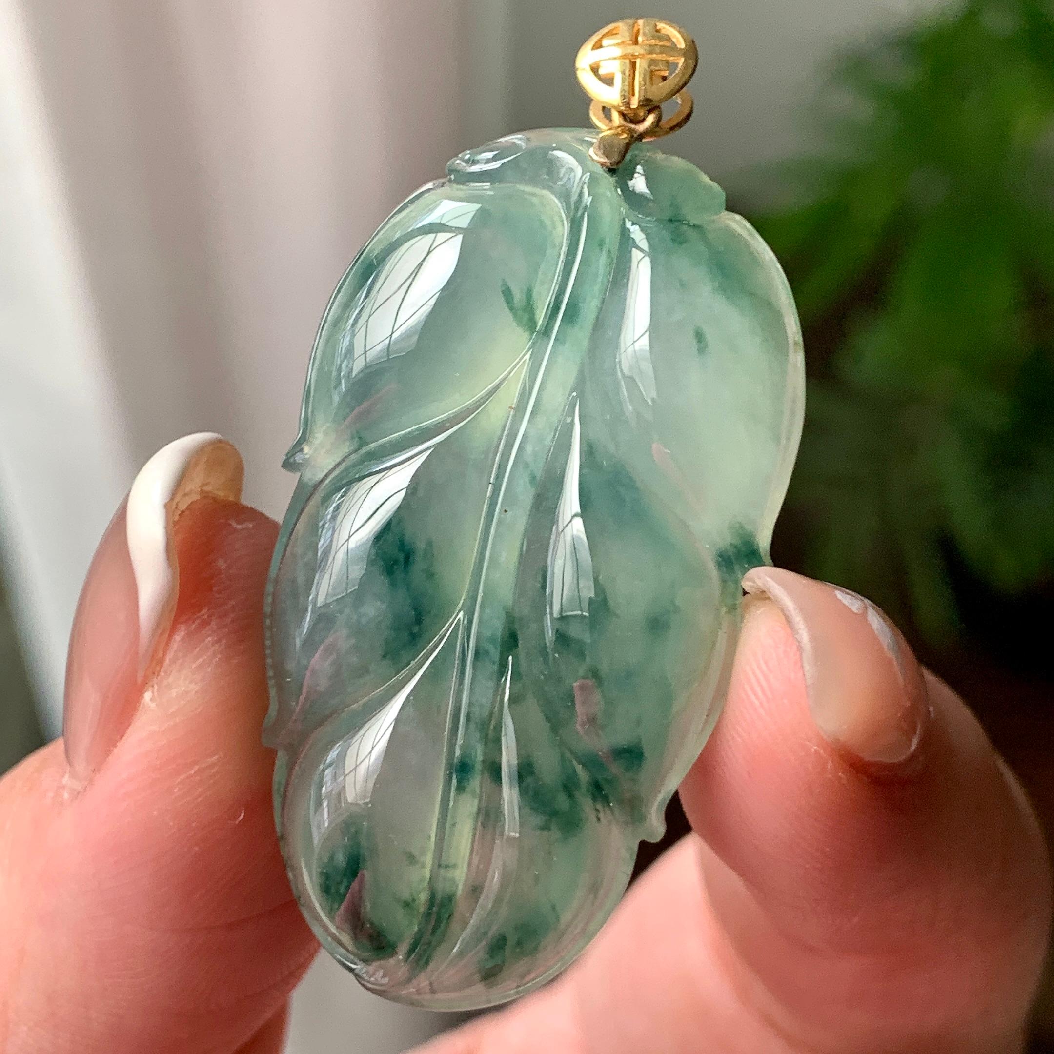 18K金镶糯冰种飘蓝花叶子吊坠 天然缅甸A货翡翠（yc369995）