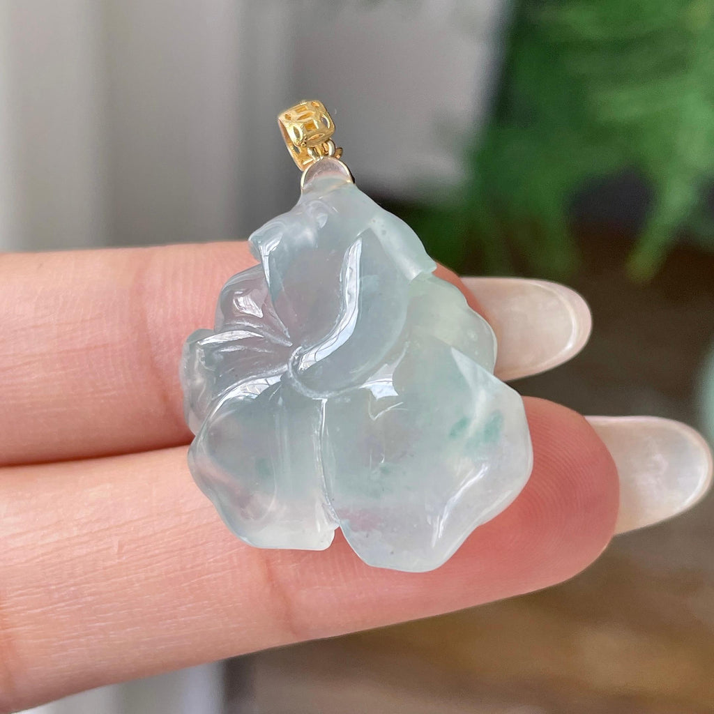 18k金镶冰种飘花荷花吊坠   天然缅甸A货翡翠（yc352954）