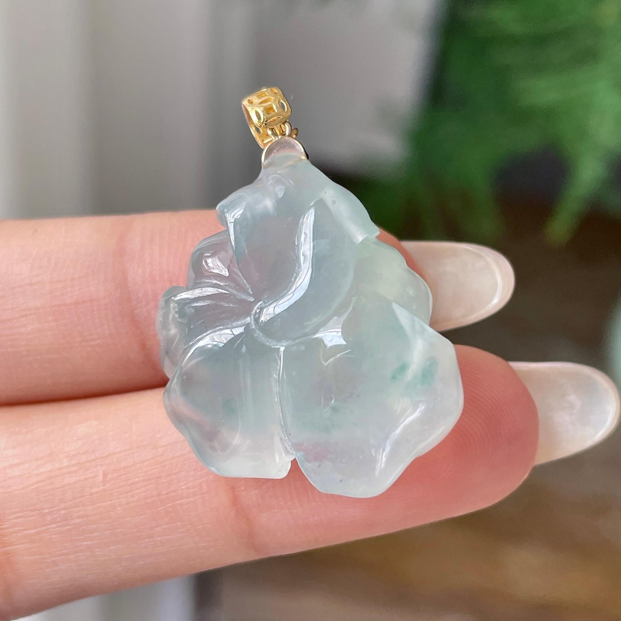18k金镶冰种飘花荷花吊坠   天然缅甸A货翡翠（yc352954）
