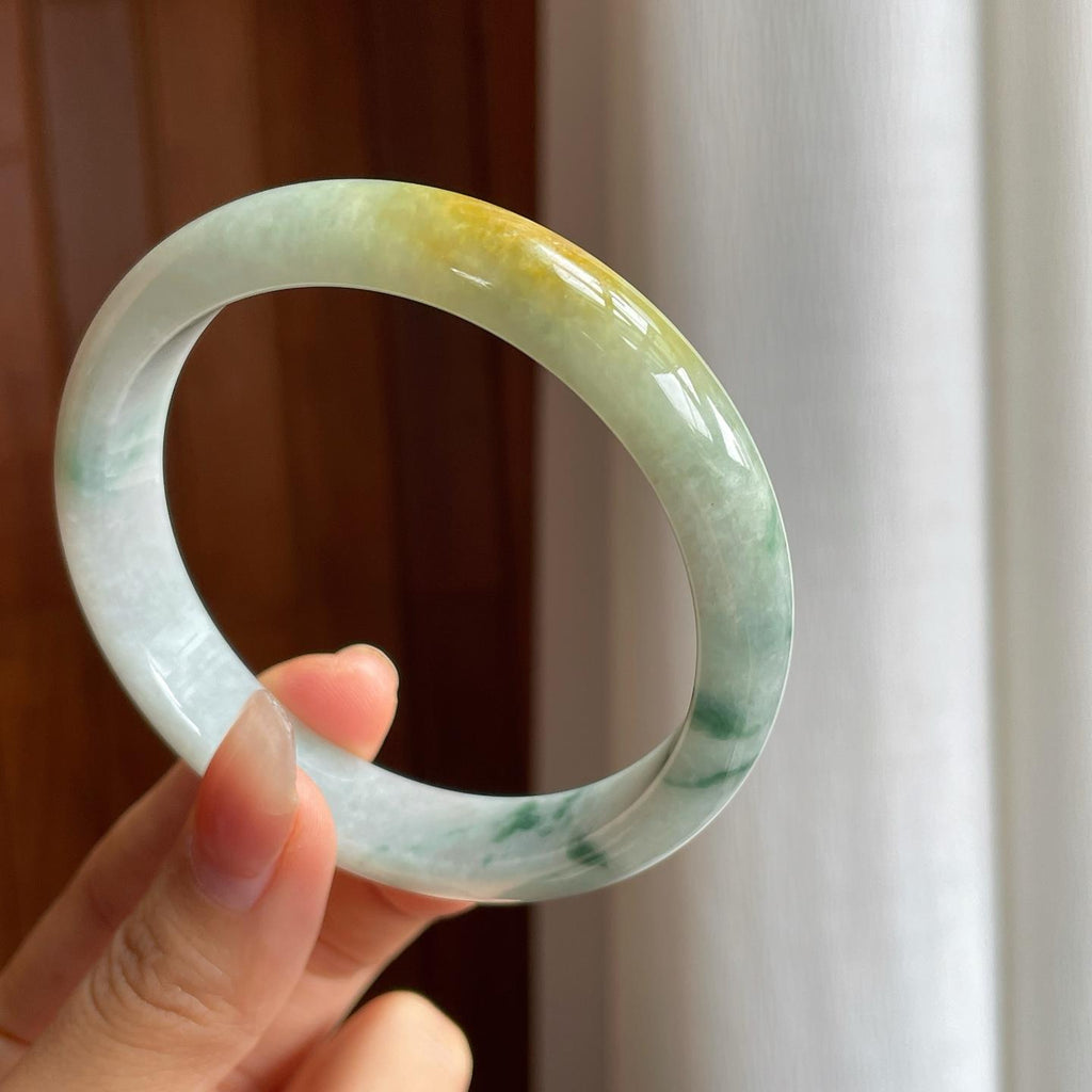 糯冰黄翡飘花翡翠平安镯（61.5mm）（yc333121）