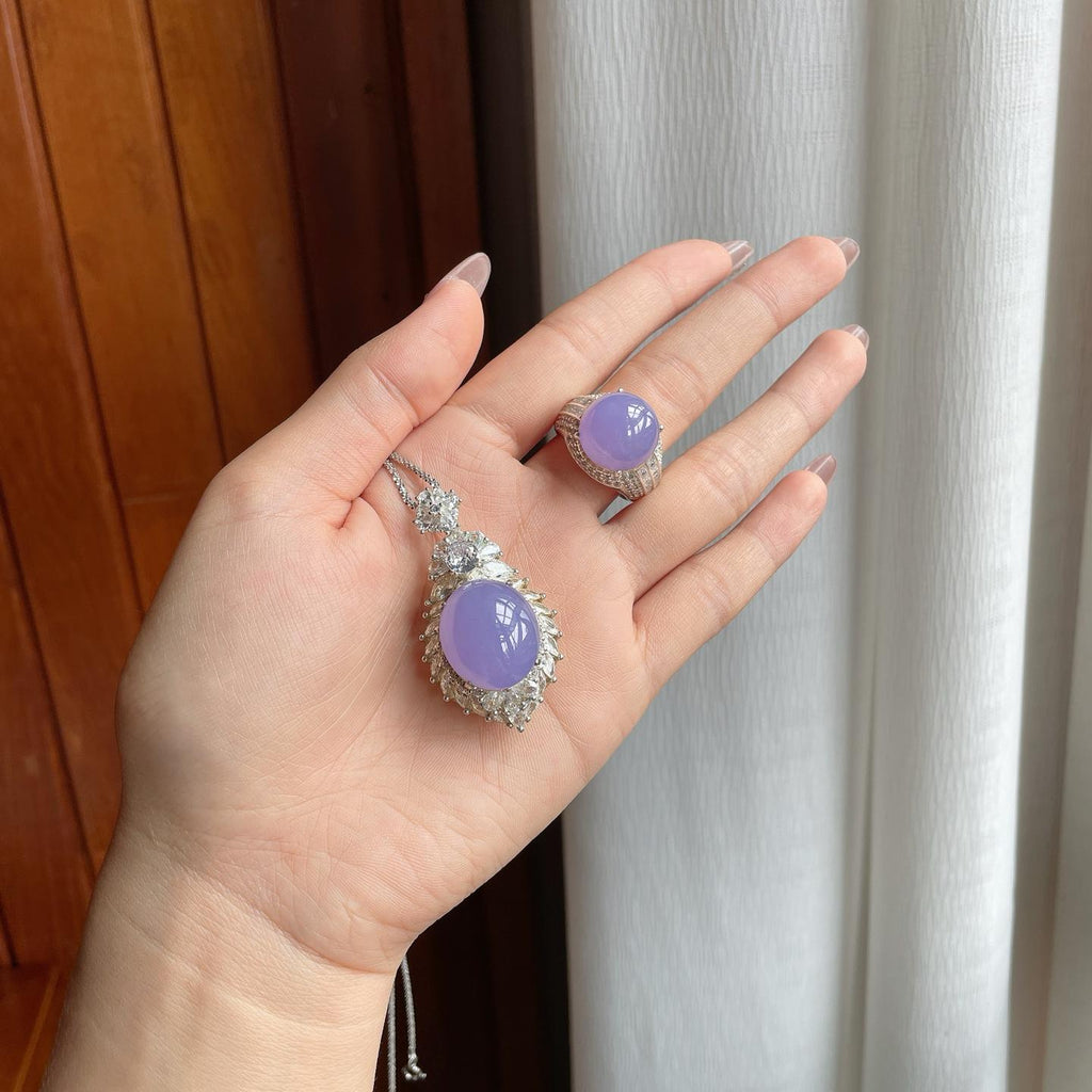 铜托冰种紫罗兰翡翠蛋面一套（yc186006）