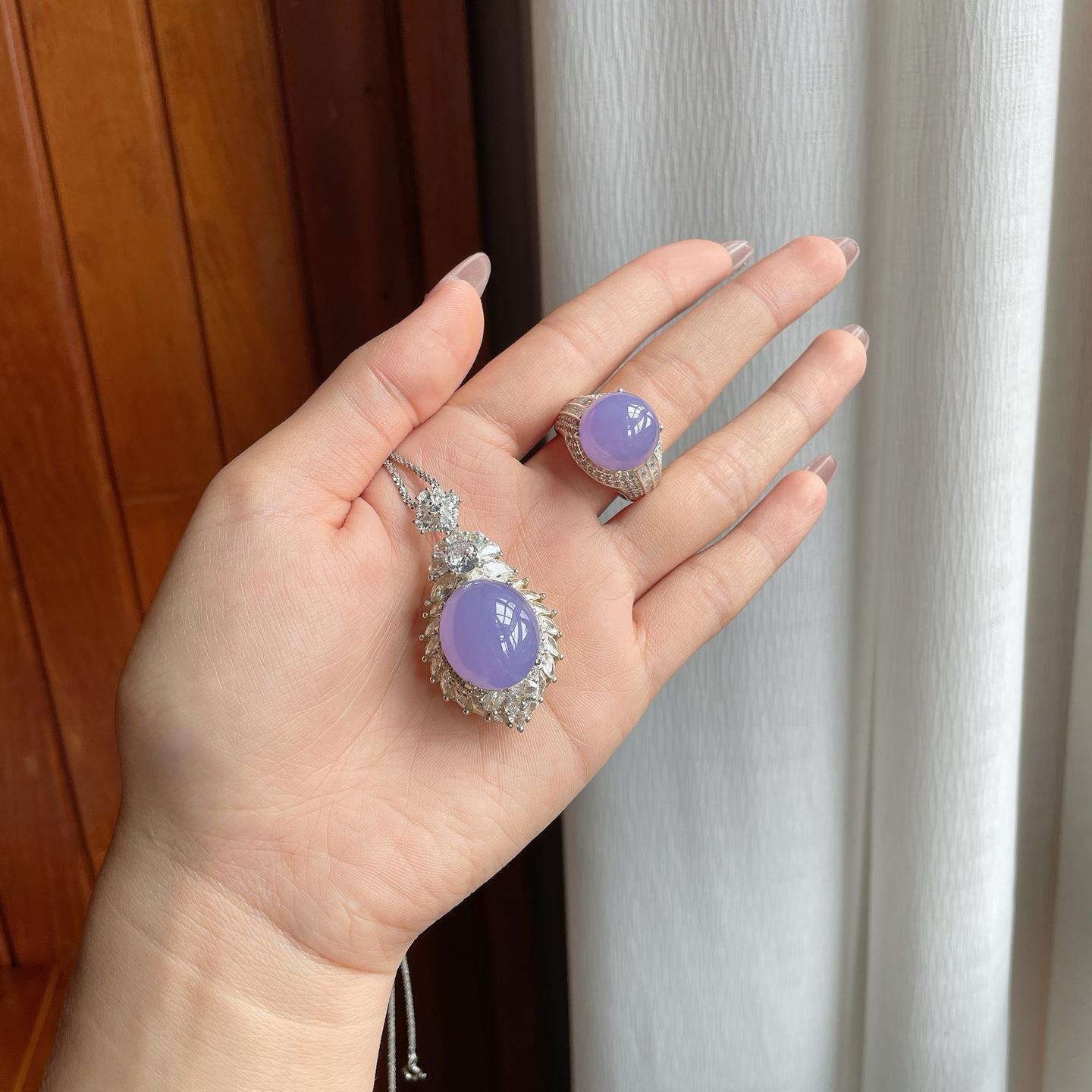 铜托冰种紫罗兰翡翠蛋面一套（yc186006）