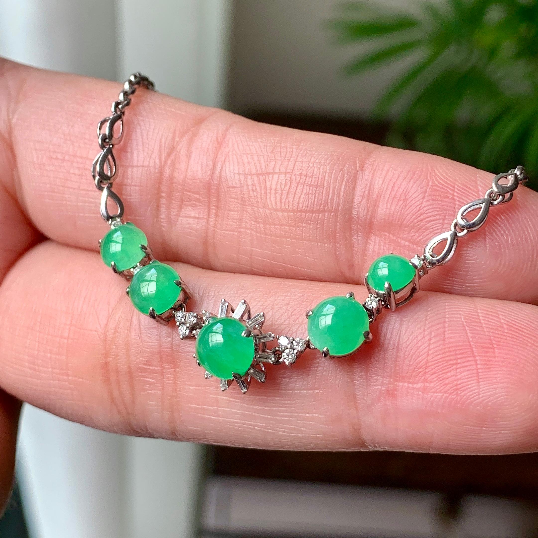 18K金钻镶糯冰种翠绿蛋面手链  天然缅甸A货翡翠（yc362103）