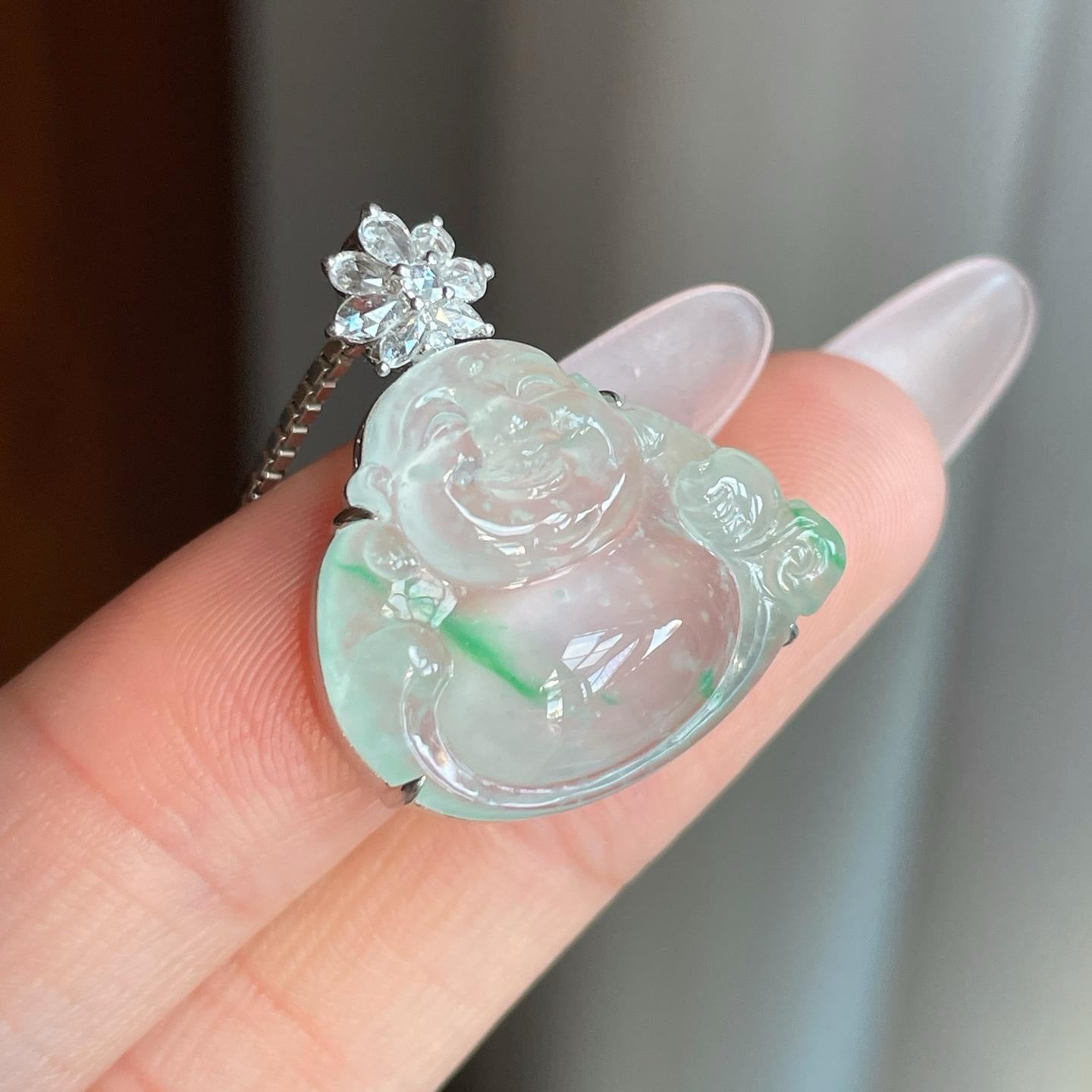 18k金钻冰玻种飘花翡翠佛公（yc272868）