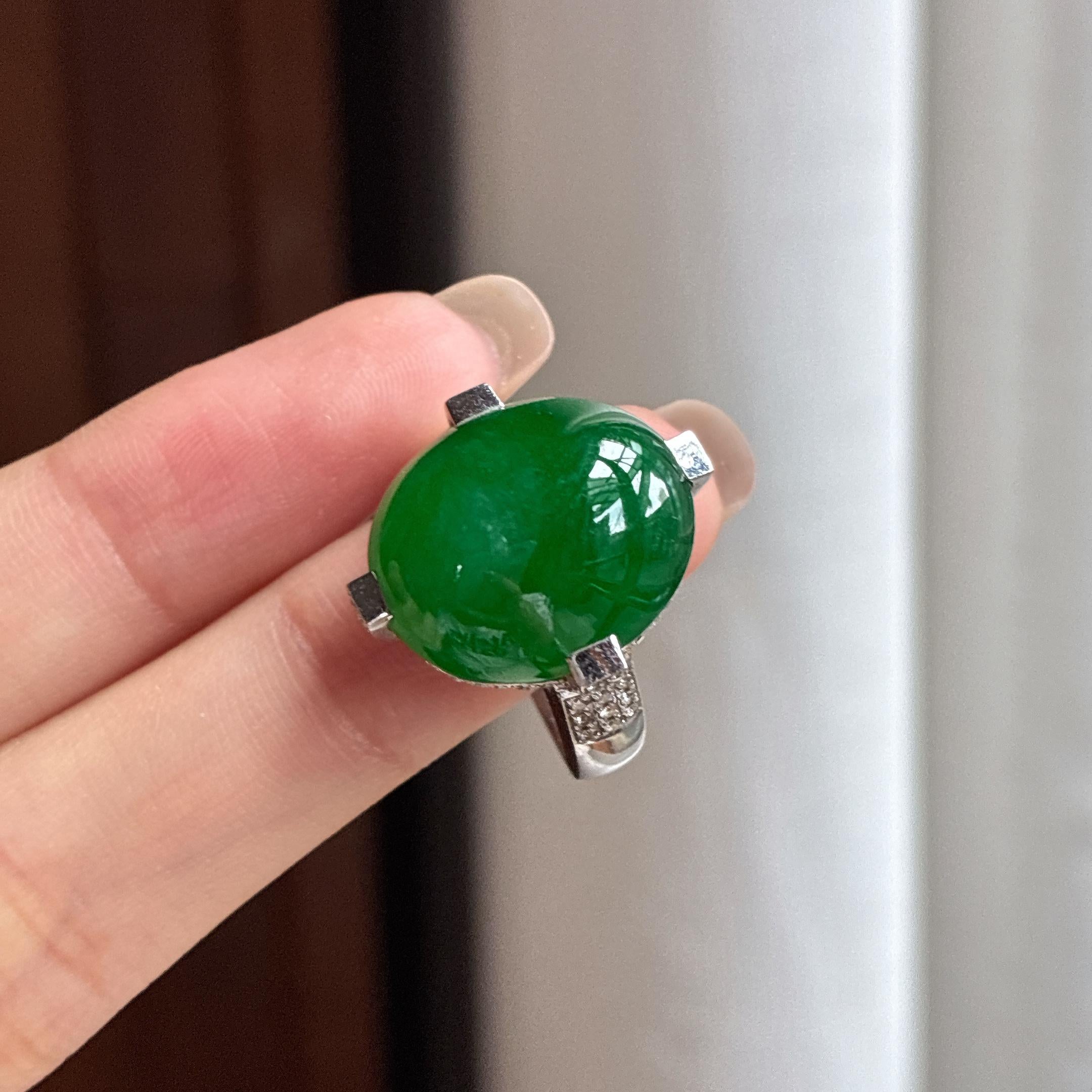 Nhẫn Ngọc Phỉ Thúy Myanmar A Tự Nhiên 18k Vàng Khảm Ngọc Băng Chủng Mãn Lục (yc450394)