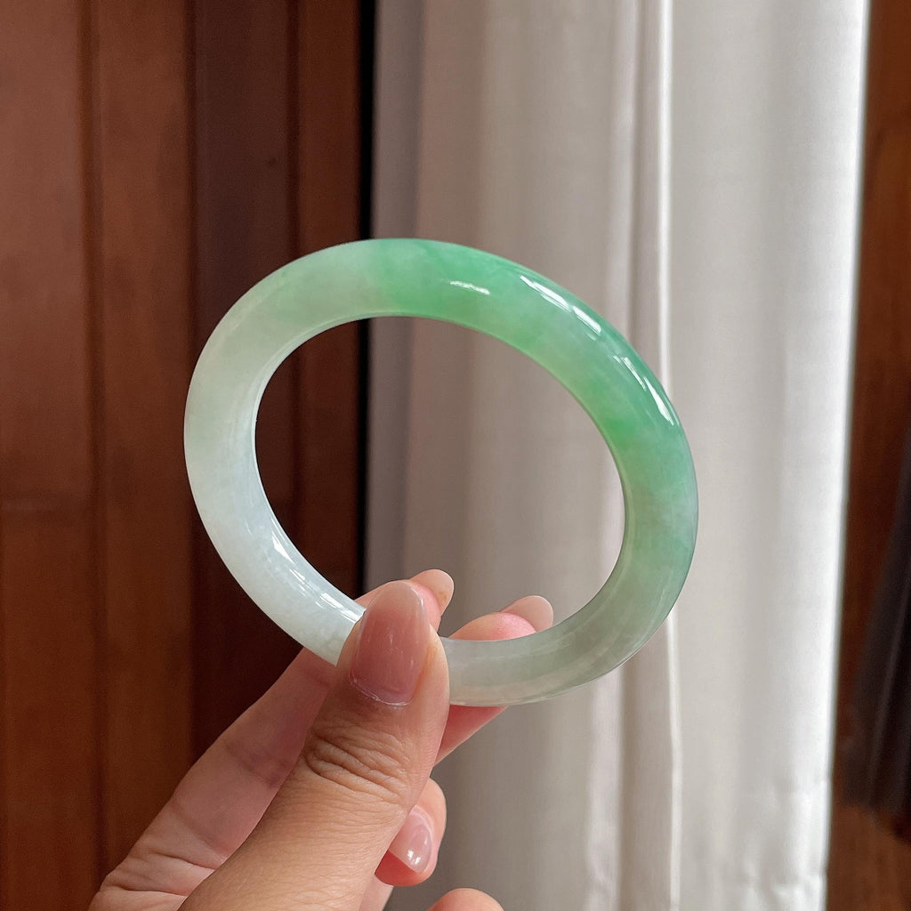 糯冰带色圆条手镯 53圈 天然缅甸A货翡翠（yc522209）