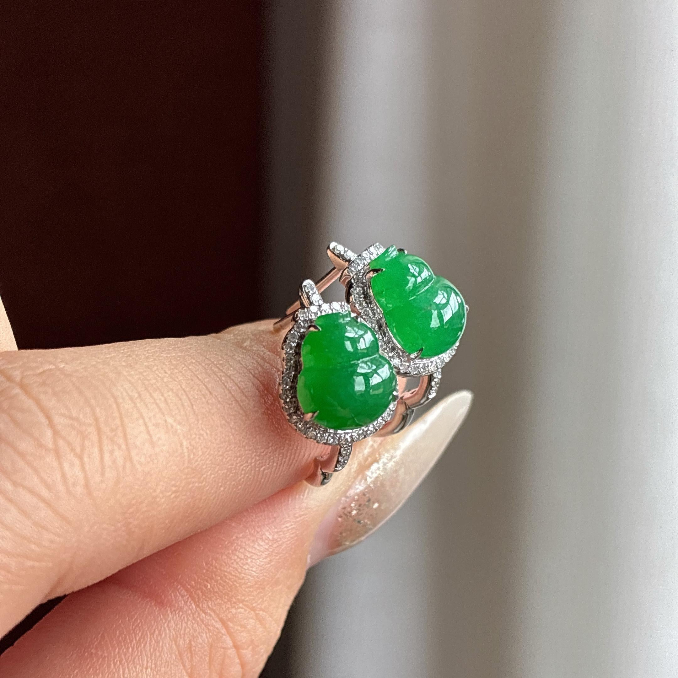 18k金镶糯冰满绿葫芦耳饰 天然缅甸A货翡翠（yc530525）