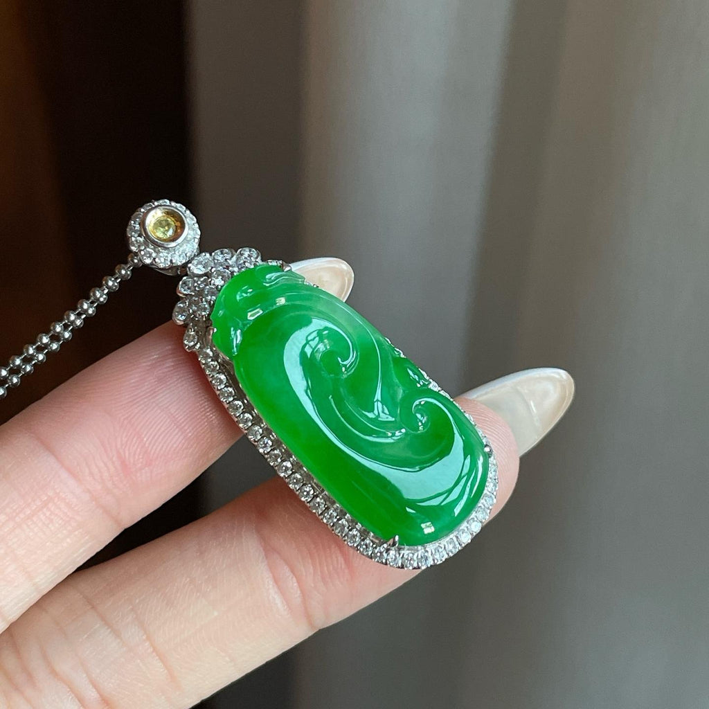 18k金钻镶糯冰种满绿翡翠如意（yc266562）