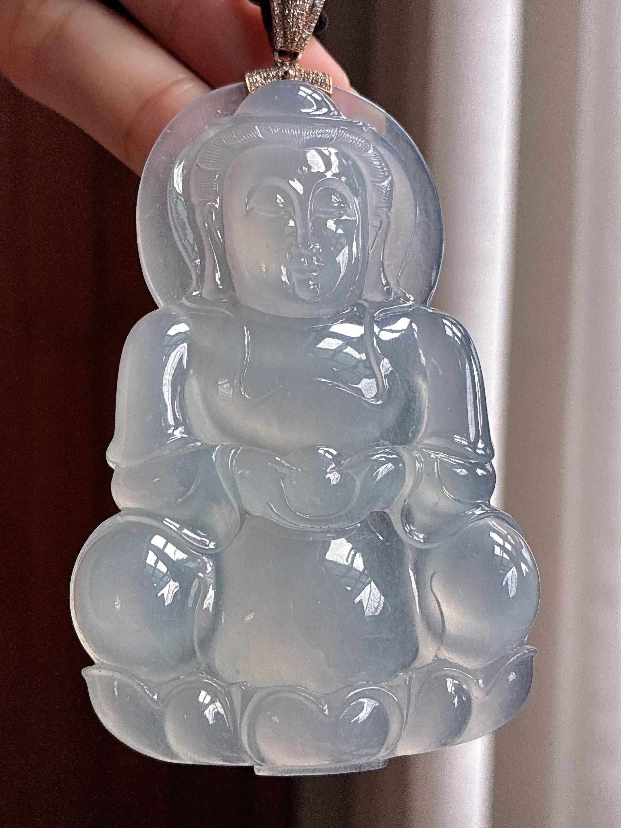 18k金扣头高冰种淡底色观音挂件 天然缅甸A货翡翠（yc466348）