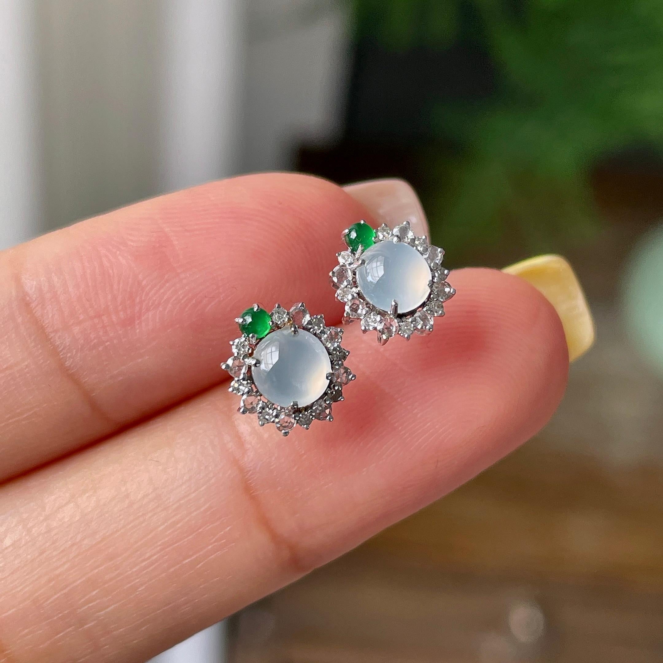 18k金钻镶冰种无色蛋面耳钉   天然缅甸A货翡翠（yc358913）