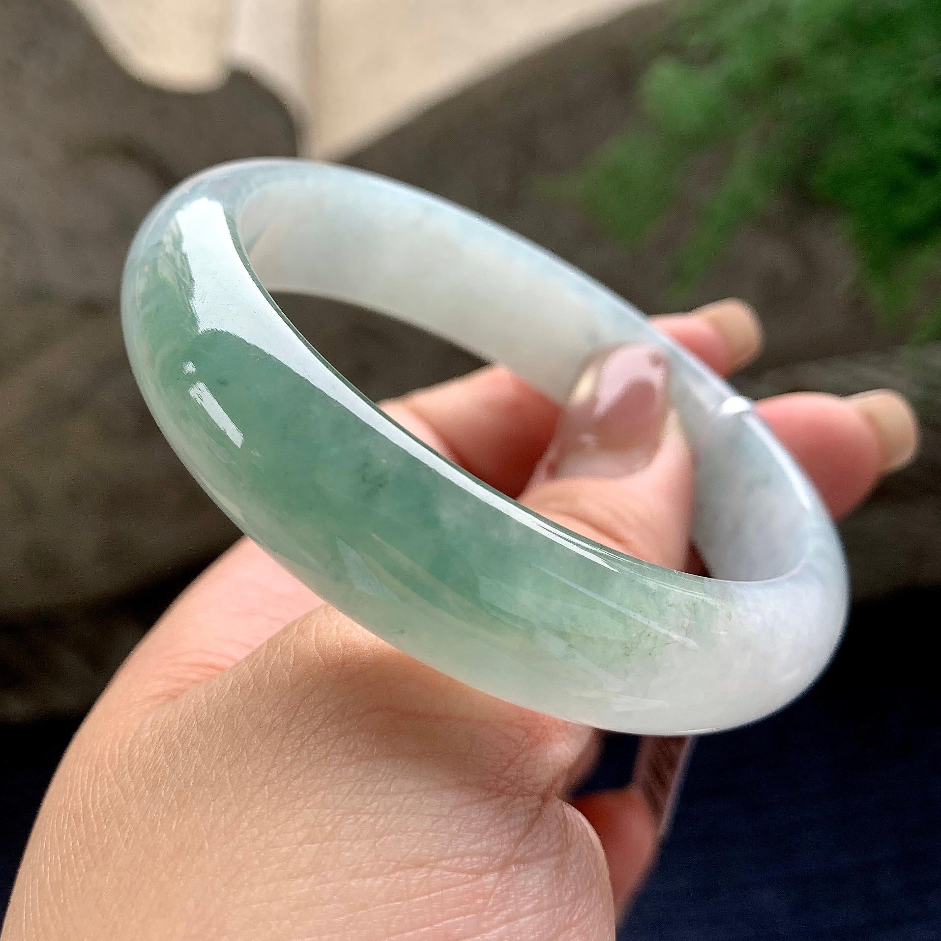 大圈口 细糯种油青半山水正圈平安镯 58.3圈口 天然缅甸A货翡翠（yc358876）